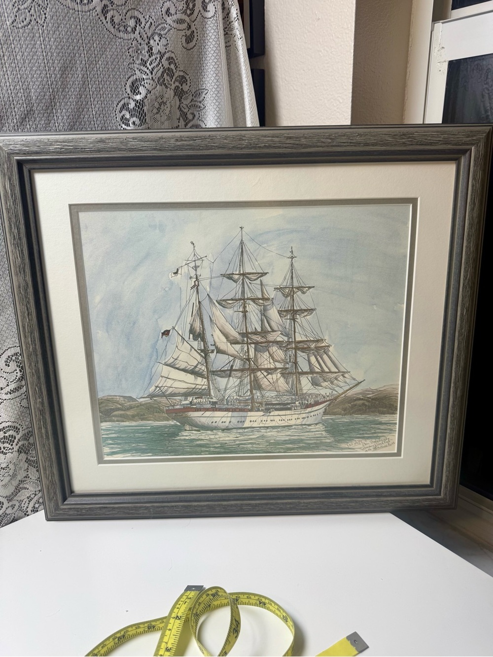 Vintage Framed Nautical Tall Ship Lithograph Print. Weathered Grey Framed